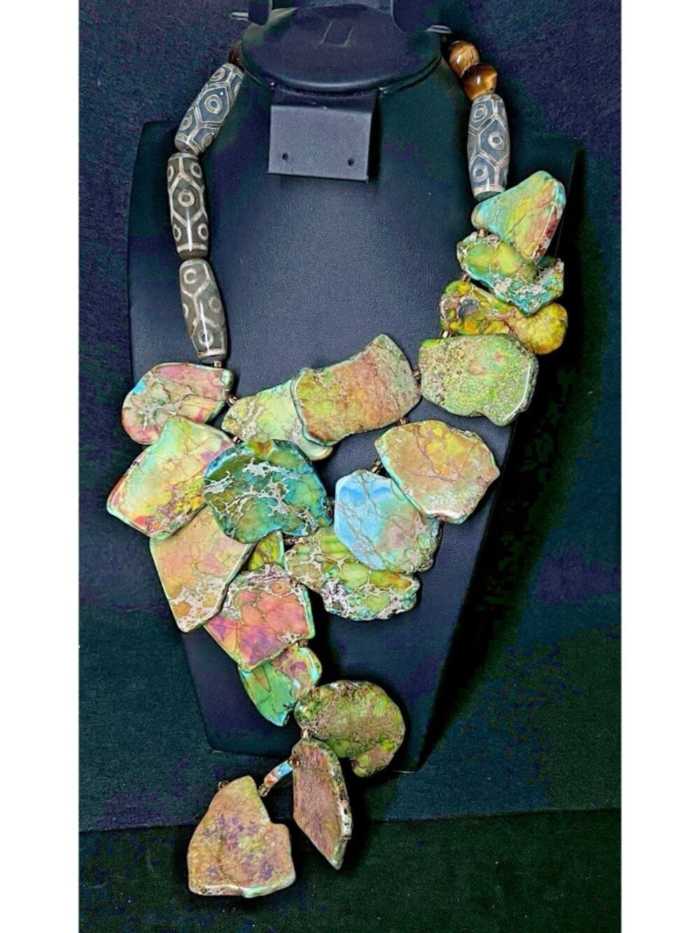 Vintage Turquoise Slab dZi Agate Necklace Chunky Colorful 18" Southwest